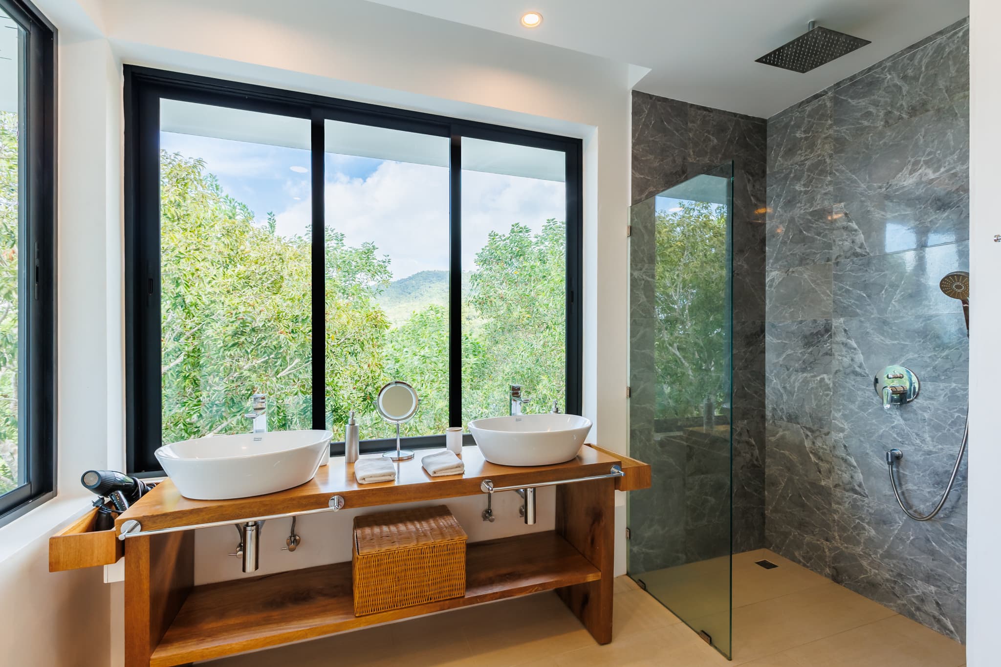 Double vanity bathroom with rain shower and jungle view at Villa Sekoya, Hin Kong Bay, Koh Phangan